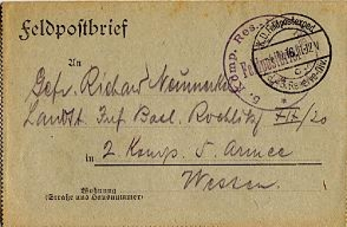 Field post letter, 5th Company, Reserve Infantry Regiment No. 202
