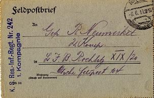 Royal Saxon KS Reserve Infantry Regiment No. 242 field post letter o 6.6.1917