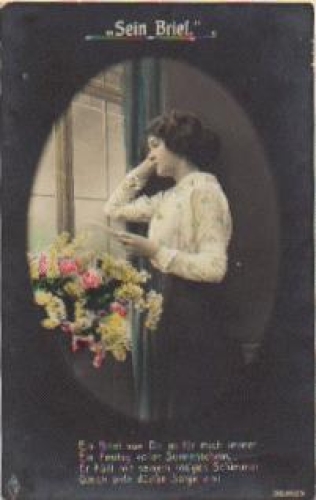 Woman reading a letter Serial card no. 3580/3 used. 8/28/1915
