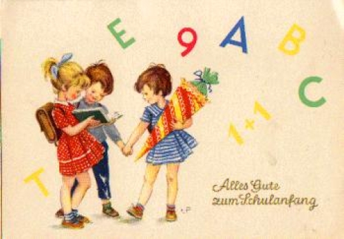 Schulanfang, Kinder mit Schultüten, gebr. ca. 1960
