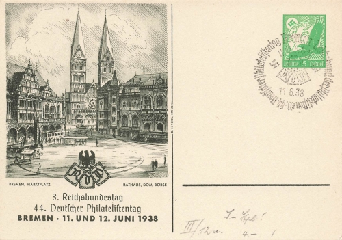 44th German Philatelist Day Bremen 1938 private postal stationery PP142C36 special cancellation June 11, 1938
