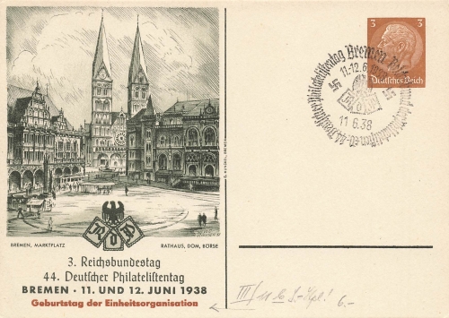 44th German Philatelist Day Bremen 1938 private postal stationery PP122C93 special cancellation June 11, 1938
