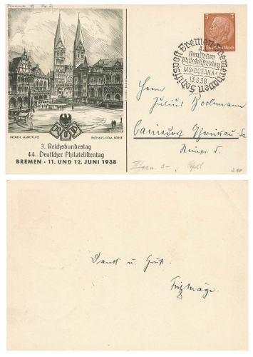 44th German Philatelist Day Bremen 1938 Private postal stationery PP122C93 special cancellation MS Oceana ship's mail June 13, 1938
