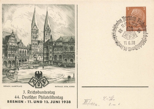 44th German Philatelist Day Bremen 1938 private postal stationery PP122C93 special cancellation June 11, 1938