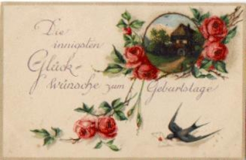 Roses, swallow, birthday card, o 27.12.1920