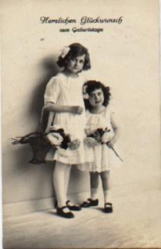 Children with roses birthday card ca. 1920