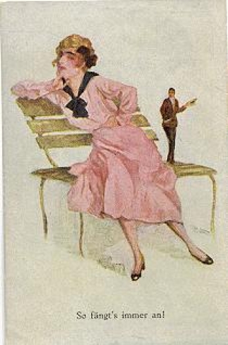 Woman on bench Man in the background artist card "So always starts" gebr. circa 1910