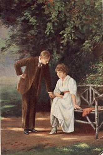 Lovers "heart question" artist card Mager * ca. 1910
