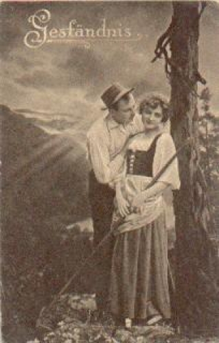 Paar im Wald, Rechen, Geständnis, gebr. ca. 1910