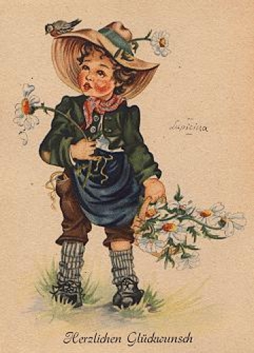Child with bird and flowers artist card Lupicina * ca. 1960