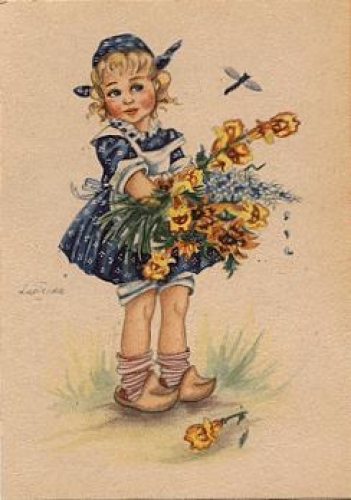 Child with dragonfly and flowers insect artist card Lupicina * ca. 1960