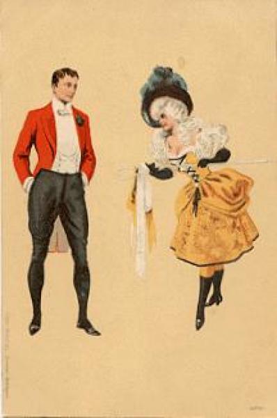 Fashion man in tails, woman in dress artist card * ca. 1900