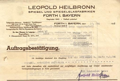 Fürth Leopold Heilbronn, Spiegelglasfabriken Letterhead May 10, 1935