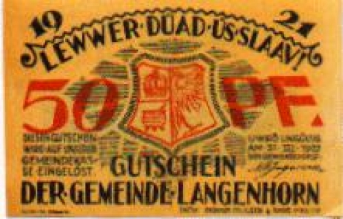 25842 Langenhorn city emergency money 50 Pfennig coat of arms 1922