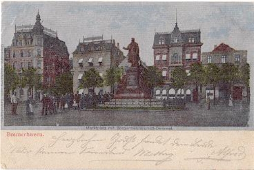 Bremerhaven market square with mayor schmidt monument silk card o 28.8.1901