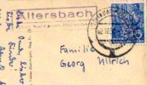 98587 Altersbach via Meinerzh.-Hallenberg, post office stamp o 02.10.1958 on postcard