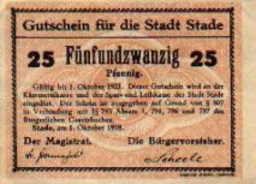 Stade, city emergency money worth 25 pfennigs 1921