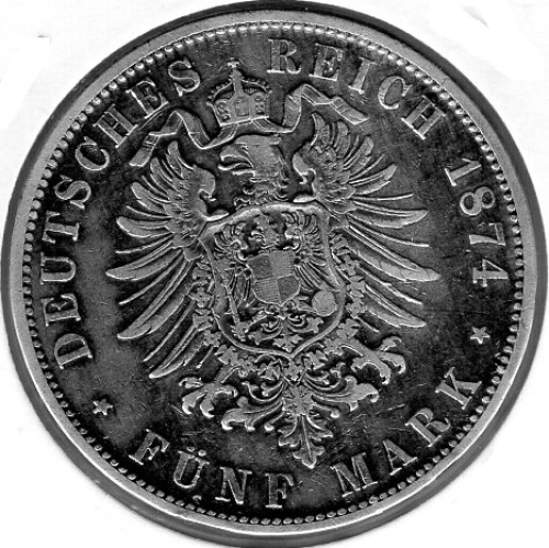 5 Mark 1874 Württemberg King Charles Silver Coin