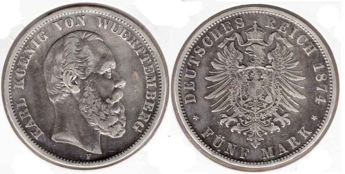 5 Mark 1874 Wuerttemberg Karl condition!