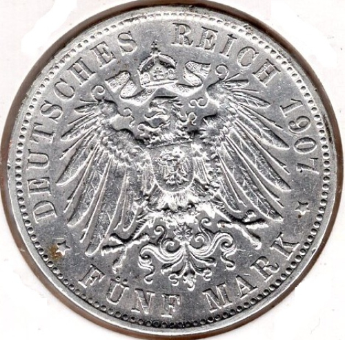 5 Mark 1907 Wuerttemberg Wilhelm II Silver Coin