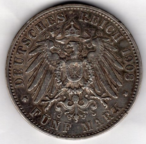 5 Mark 1908 Wuerttemberg Wilhelm II Silver