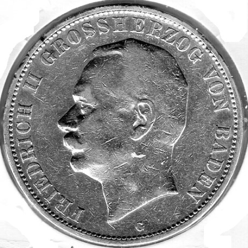 5 Mark Baden 1908 Grand Duke Frederick II Silver Coin