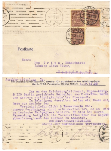 5 Mark official stamp Michel 33 on the card of the Reich Finance Ministry o Berlin W December 20, 1922