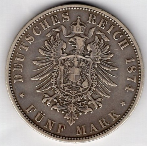 5 Mark Prussia 1874 A Wilhelm I. Silver Coin