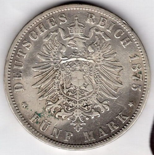 5 Mark Prussia 1875 B Wilhelm I. Silver Coin