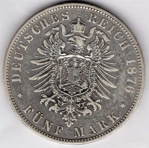 5 Mark Prussia 1876 A Wilhelm I. Silver Coin