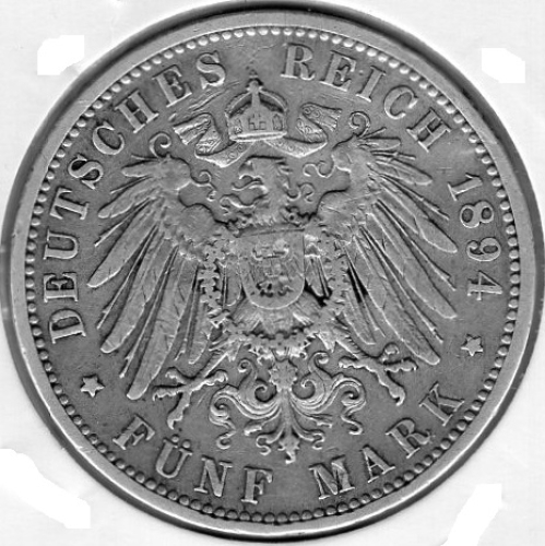 5 Mark Prussia 1894 Wilhelm II Silver Coin