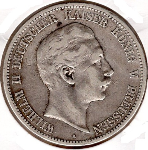 5 Mark Prussia 1894 Wilhelm II Silver Coin