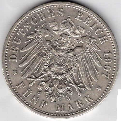 5 Mark Prussia 1907 A Kaiser Wilhelm II Silver Coin