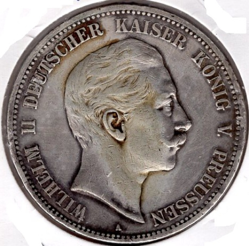 5 Mark Prussia 1908 A Kaiser Wilhelm II Silver Coin
