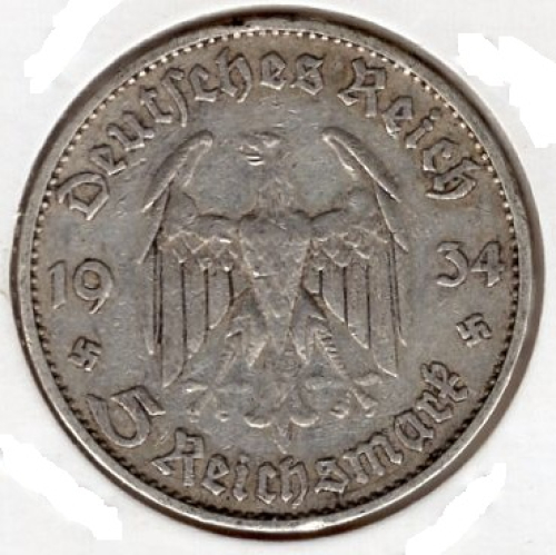 Jäger 356  - 5 Reichsmark 1934 A Garrison Church with Date Silver Coin German Empire
