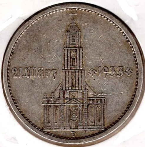 Jäger 356  - 5 Reichsmark 1934 A Garrison Church with Date Silver Coin German Empire