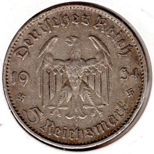 Jaeger 0356 - 5 Reichsmark 1934 F Garrison Church with Date Silver Coin German Empire