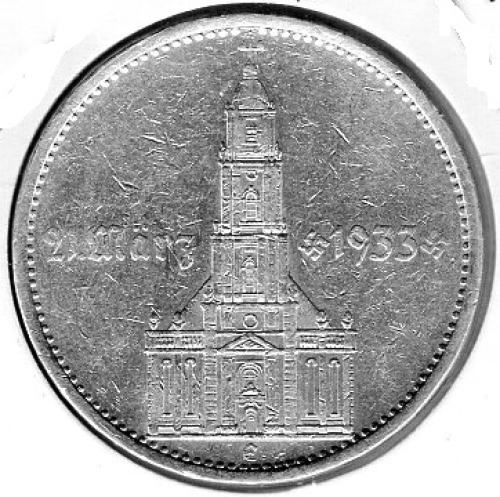 Jaeger 0356 - 5 Reichsmark 1934 F Garrison Church with Date Silver Coin German Empire