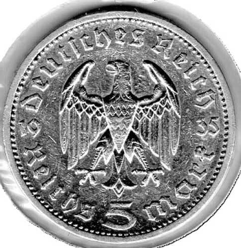 Jäger 0360 - 5 Reichsmark 1935 E Hindenburg Silbermünze