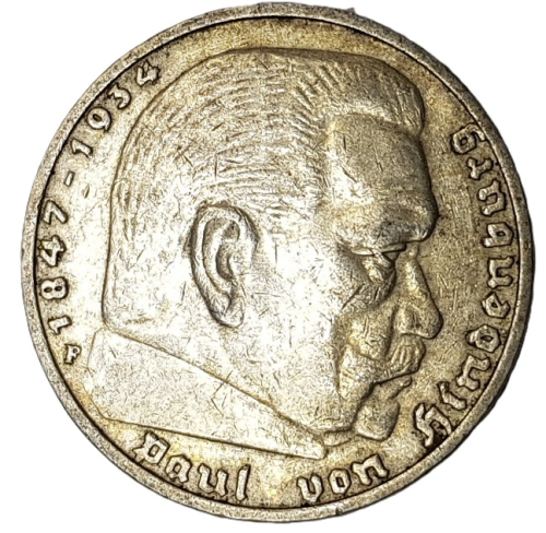 Jager 0360 - 5 Reichsmark 1935 F Hindenburg silver coin