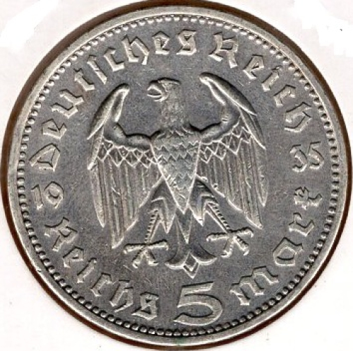 Jaeger 0360 - 5 Reichsmark 1935 J Hindenburg Silver Coin German Empire