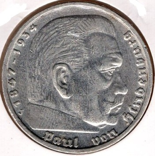 Jaeger 0360 - 5 Reichsmark 1935 J Hindenburg Silver Coin German Empire