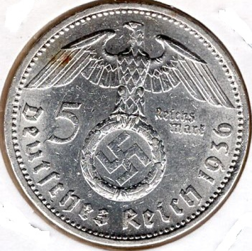 Jäger 0367 - 5 Reichsmark 1936 A Hindenburg Hakenkreuz Silbermünze