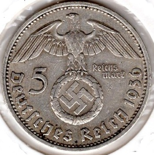 5 Reichsmark 1936 D Hindenburg Hakenkreuz