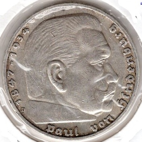 5 Reichsmark 1936 D Hindenburg Hakenkreuz