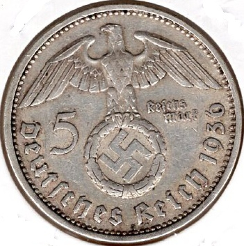 Jager 0367 - 5 Reichsmark 1936 E Hindenburg Swastika Silver Coin 