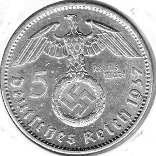 Jager 0367 - 5 Reichsmark 1937 A Hindenburg Swastika Silver Coin