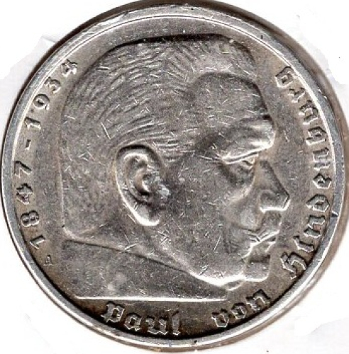 Jager 0367 - 5 Reichsmark 1937 A Hindenburg Swastika Silver Coin