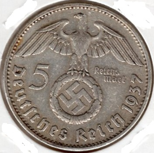 Jager 0367 - 5 Reichsmark 1937 D Hindenburg Swastika Silver Coin