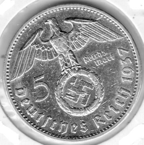 Jager 0367 - 5 Reichsmark 1937 G Hindenburg Swastika Silver Coin